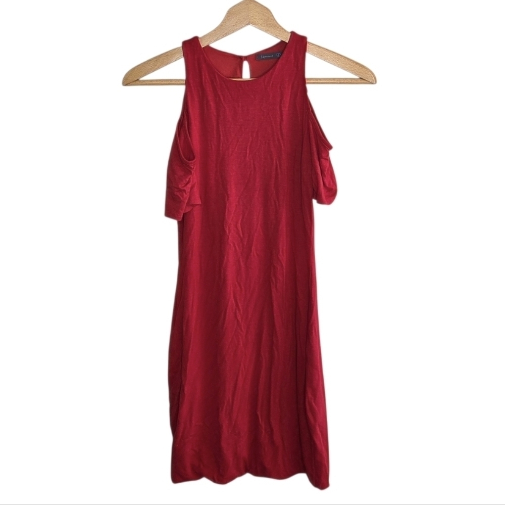 Soprano Red Short Sleeve Cold Shoulder Double Layer Fitted Dress Size Small